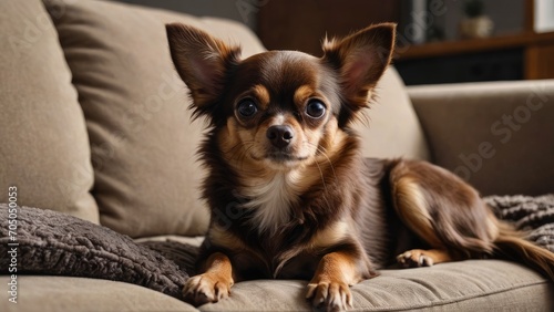 Chocolate long coat chihuahua dog lying on sofa at home © QuoDesign