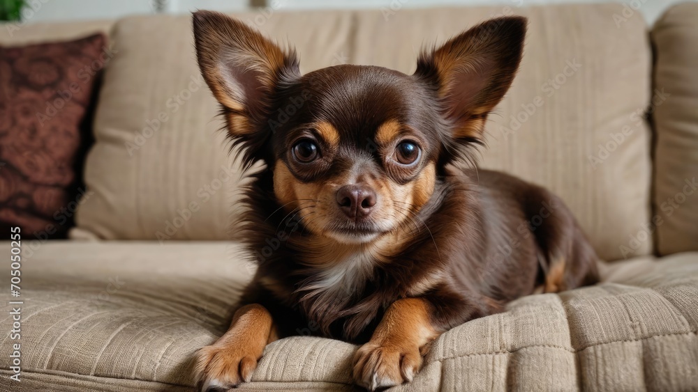 Chocolate long coat chihuahua dog lying on sofa at home Chocolate long coat chihuahua dog lying on sofa at home