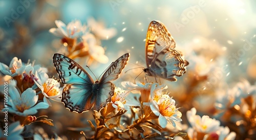 Colorful butterflies floating on red misty yellow flowers © Micro
