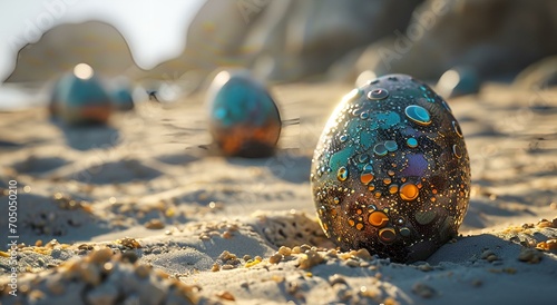 Colorful painted rocks scattered on a sandy beach with sunlight casting playful shadows
