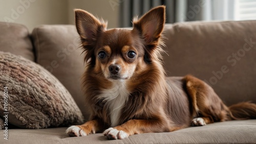 Chocolate long coat chihuahua dog lying on sofa at home © QuoDesign