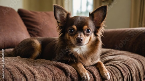 Chocolate long coat chihuahua dog lying on sofa at home © QuoDesign