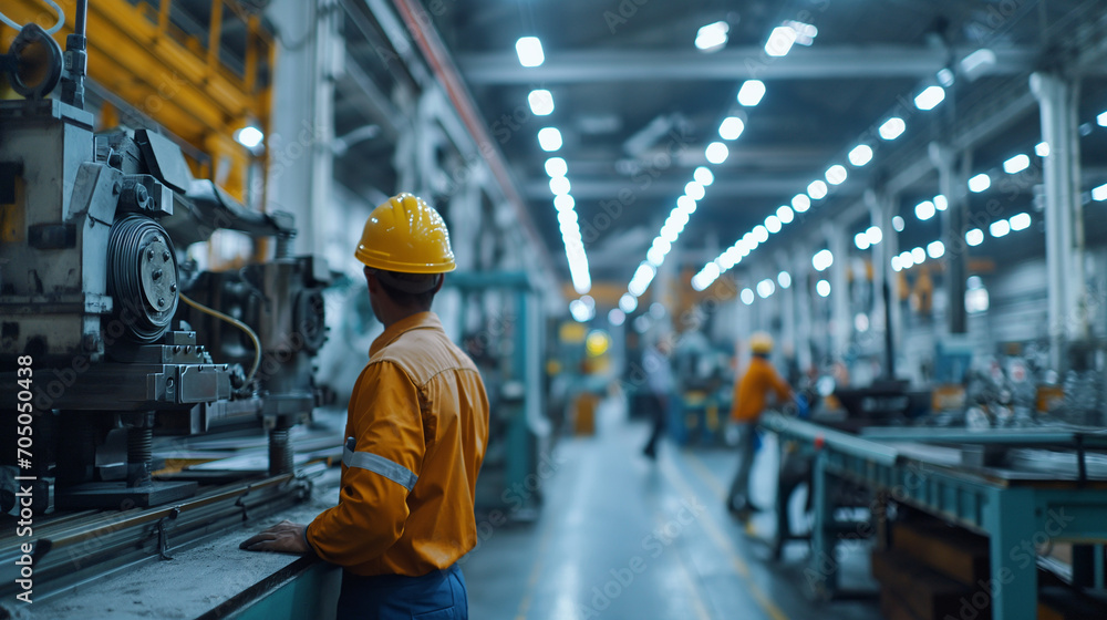 machinery in an assembly line at an industrial facility, in the style of bokeh panorama, dramatic atmospheric perspective, back button focus, oversized objects, dark yellow and light indigo, distresse machinery in an assembly line at an industrial facility, in the style of bokeh panorama, dramatic atmospheric perspective, back button focus, oversized objects, dark yellow and light indigo, distresse