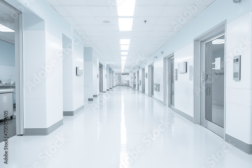 Long hospital bright corridor with rooms 