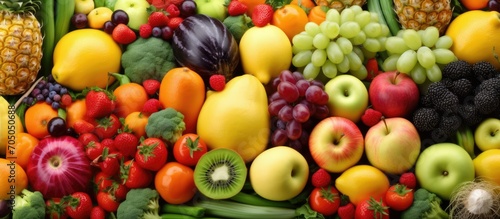 Colorful fruits and vegetables. top view