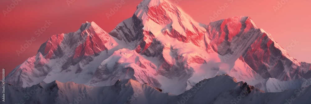 Majestic snow-capped mountains bathed in red sunset hues