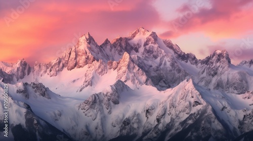 Majestic snow-capped mountains bathed in red sunset hues © Andrey Tarakanov