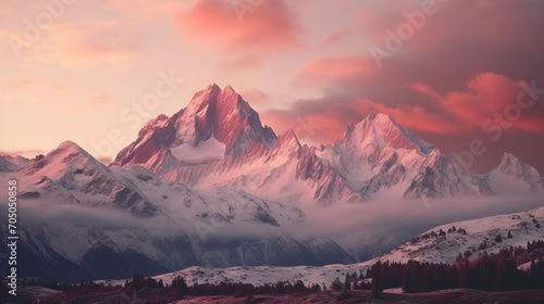 Snowy mountain peaks under a pink sunset sky