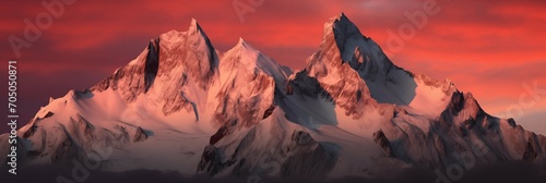 Majestic snow-capped mountains bathed in red sunset hues
