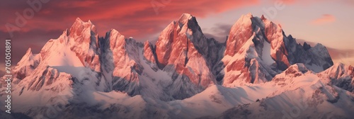 Majestic snow-capped mountains bathed in red sunset hues