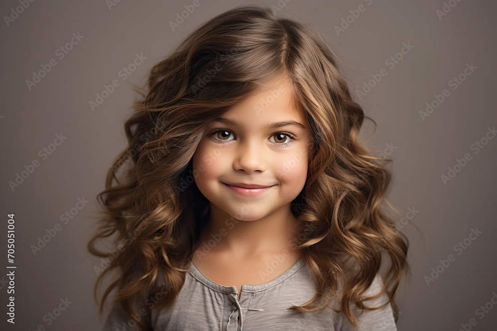 Portrait of a cute little girl with long curly hair. Studio shot. Portrait of a cute little girl with long curly hair. Studio shot.
