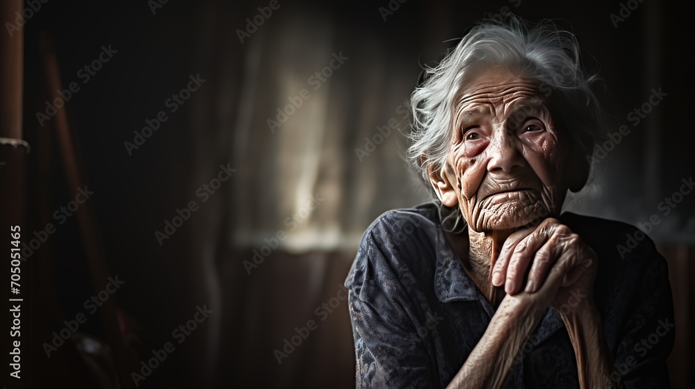 Closeup a old grandma's with wrinkles skin face sitting alone in living room. AI generated image
