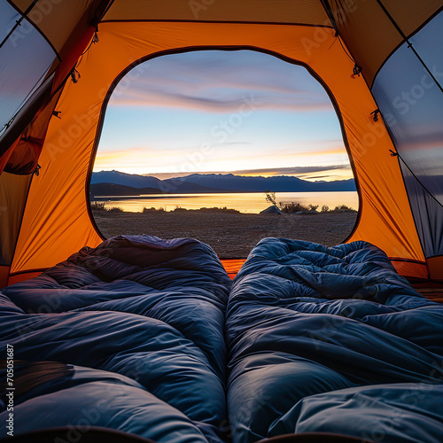 Sunrise View from Inside a Tent at a Scenic Camping Site