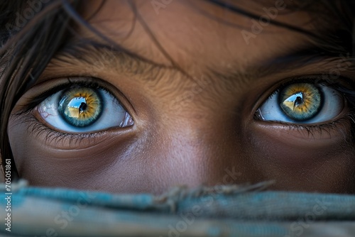 A captivating portrait of innocence and wonder captured through a close-up of a child's eyes, highlighting the intricate details of their iris, eyelashes, and skin, while the faintest hint of an eyeb photo