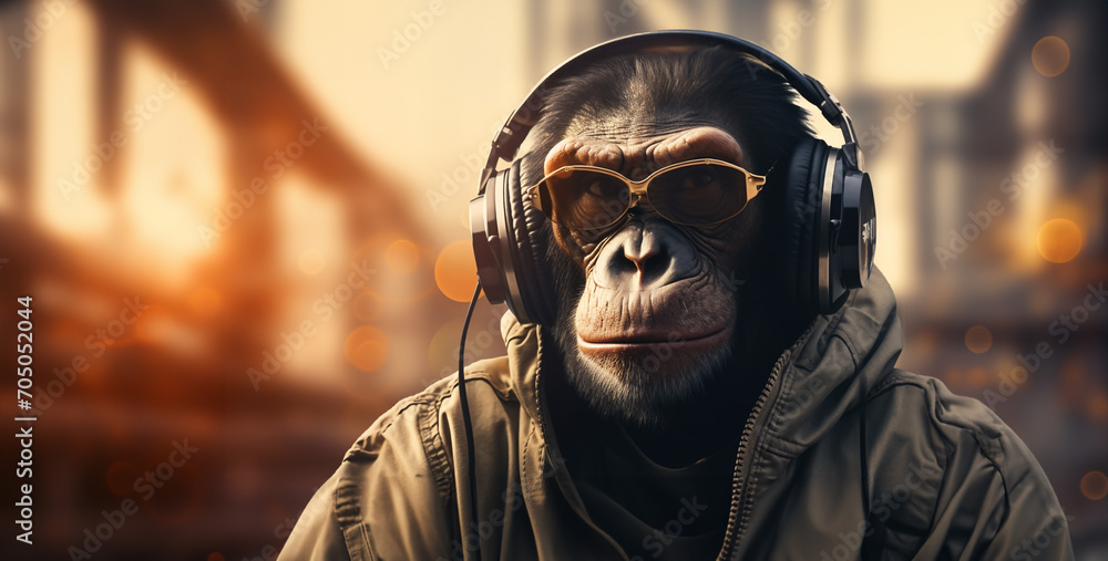 fallout style of a chimpanzee looking wearing a headphone
