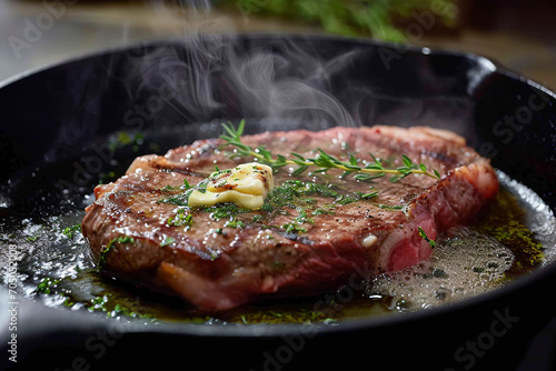 Sizzling Ribeye Steak with Herbs in a Cast Iron Skillet