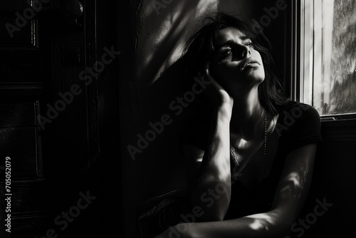 A melancholic woman contemplates her surroundings as she leans against a window, her human face cast in monochrome against the dark wall behind her, creating a haunting portrait of sadness and intros