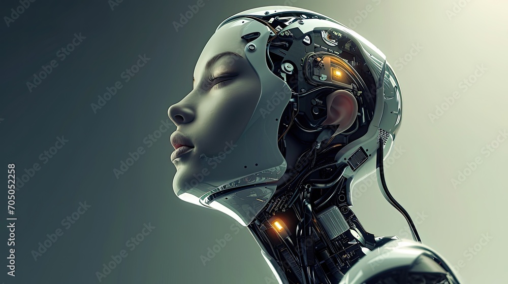 A mesmerizing statue of a woman with a robotic head, embodying the fusion of humanity and technology in a thought-provoking work of art A mesmerizing statue of a woman with a robotic head, embodying the fusion of humanity and technology in a thought-provoking work of art