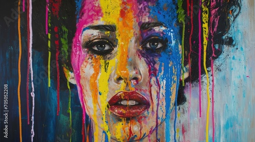 Vibrant colors cascade down her face, captured in a modern masterpiece of emotion and human expression