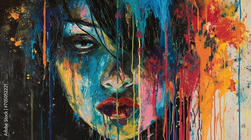 A striking portrait of a woman consumed by the chaotic beauty of her art, as vibrant acrylic paint cascades down her face like a symbol of the raw passion and unbridled expression found in modern str