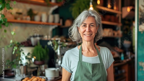 A joyful lady in a green apron stands in her kitchen, her face beaming with a smile as she prepares a bowl of fresh fruit