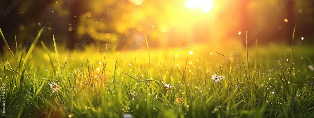 green grass with sun streaking through a grassy field