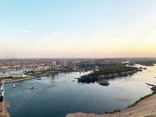 River Nile and boats at sunset in Aswan. beautiful high angle scenery of the Nile and boats, upper Egypt.