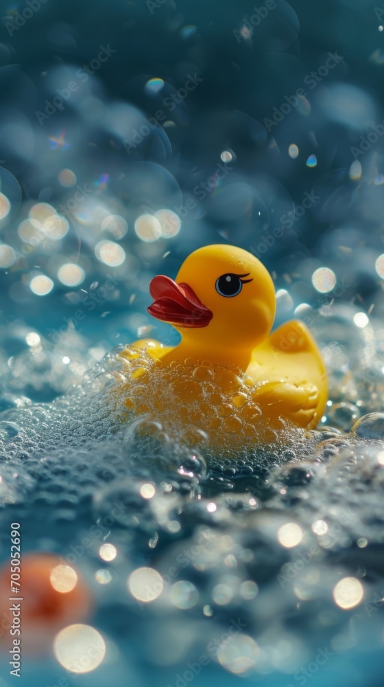 Rubber Duck Floating in Pool of Water, Playful and Relaxing Bath Toy Rubber Duck Floating in Pool of Water, Playful and Relaxing Bath Toy