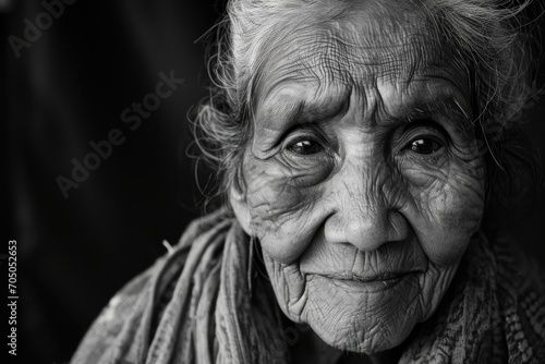 The weathered face of an elderly woman tells a story of a life filled with experience, etched with wrinkles and framed in monochrome, a portrait of resilience and wisdom