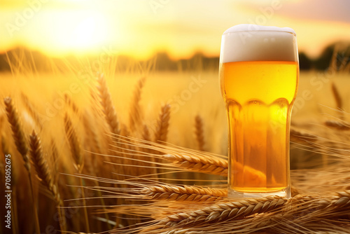 Copo de cerveja em um campo com trigo ao por do sol
