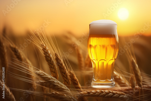 Copo de cerveja em um campo com trigo ao por do sol