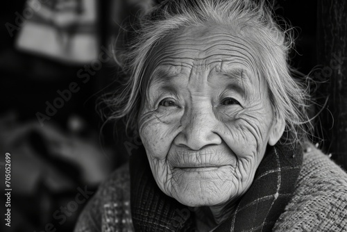 A wise soul shines through the weathered lines of an old woman's face as she smiles for the camera on a quiet street, her monochrome portrait capturing the beauty of a life well-lived