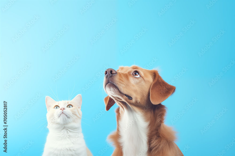 Cachorro e gato juntos em um fundo azul 