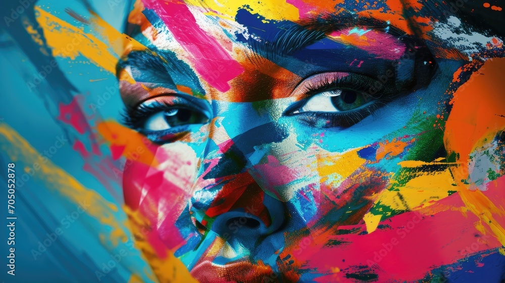 Vibrant hues adorn a woman's face in this dynamic modern art painting, showcasing the expressive power of color and the beauty of the human form