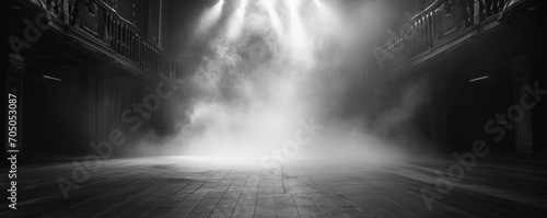 Mystical stage with dramatic lighting and smoke, ideal for theatrical performances and mysterious themes. © StockWorld