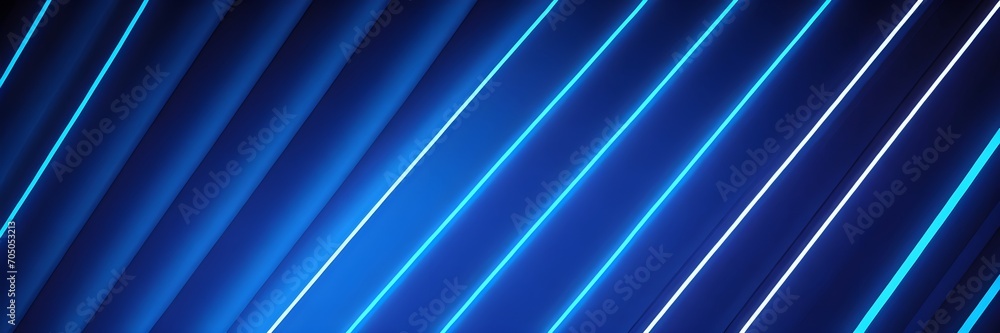 Abstract diagonal glowing lines on blue background. Abstract blue backdrop banner with neon light lines. Abstract diagonal glowing lines on blue background. Abstract blue backdrop banner with neon light lines.