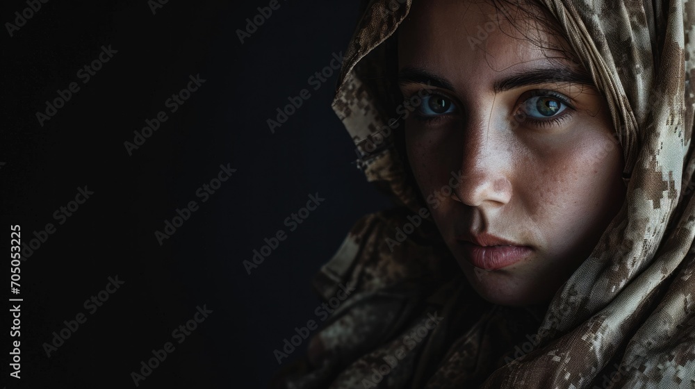 A woman with a fierce gaze peeks out from under her camouflage hoodie, her eyebrows furrowed and skin glowing, capturing the essence of strength and determination in this captivating portrait photogr A woman with a fierce gaze peeks out from under her camouflage hoodie, her eyebrows furrowed and skin glowing, capturing the essence of strength and determination in this captivating portrait photogr