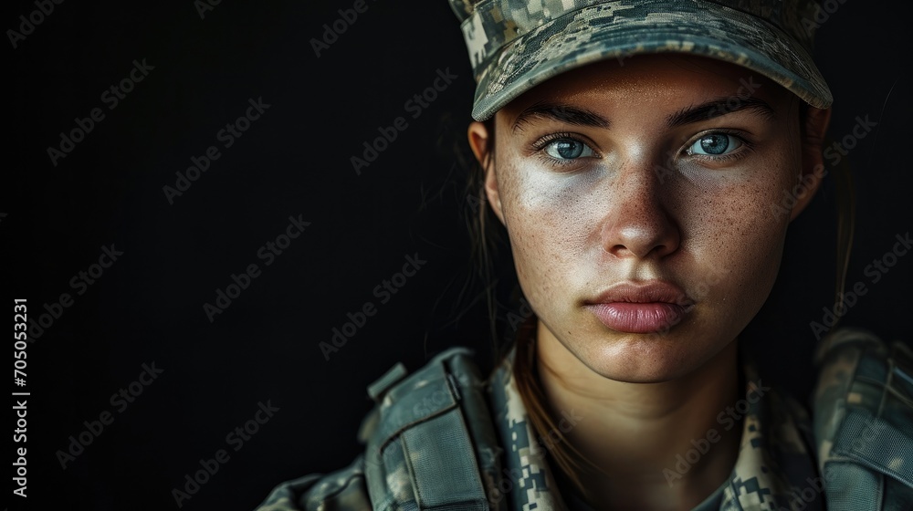 A determined woman in a military uniform gazes confidently, her sharp eyebrow arched, radiating strength and bravery through her stoic expression A determined woman in a military uniform gazes confidently, her sharp eyebrow arched, radiating strength and bravery through her stoic expression