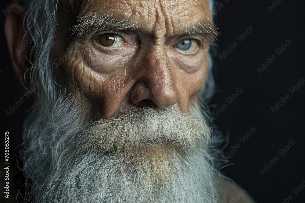 Through the intricate lines of his beard and wrinkles, a stoic man's portrait captures the strength and wisdom etched into his face Through the intricate lines of his beard and wrinkles, a stoic man's portrait captures the strength and wisdom etched into his face