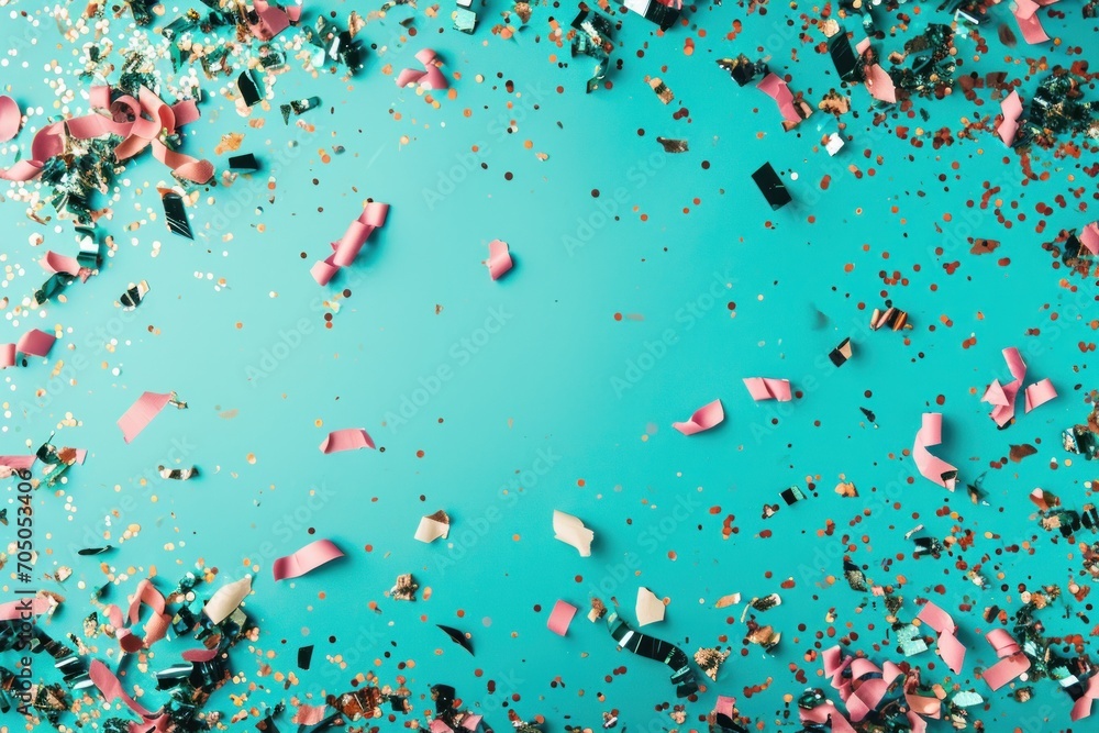 Vibrant confetti scattered on a bright turquoise backdrop, perfect for celebrations and festive designs.
