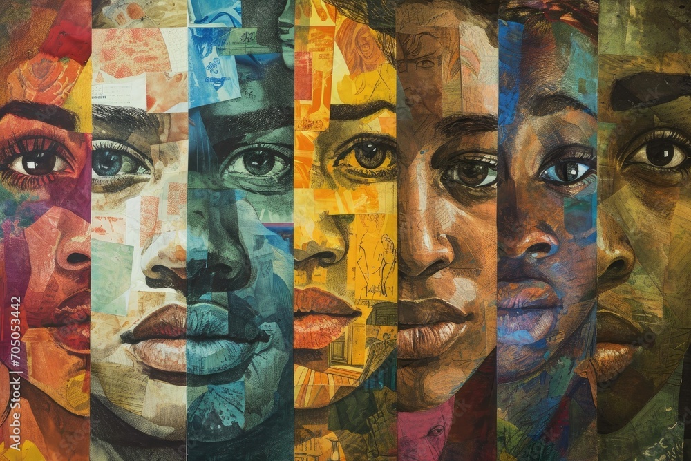 A vibrant mosaic of diverse human faces brought to life through the expressive strokes of acrylic paint, forming a modern and captivating portrait of the beauty of diversity in art