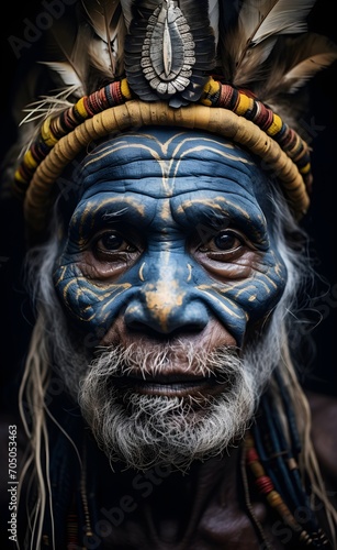 portrait of an aborigine from a tribe, with a feather headdress, American Indians, South America, cult drawings on the face, rituals.