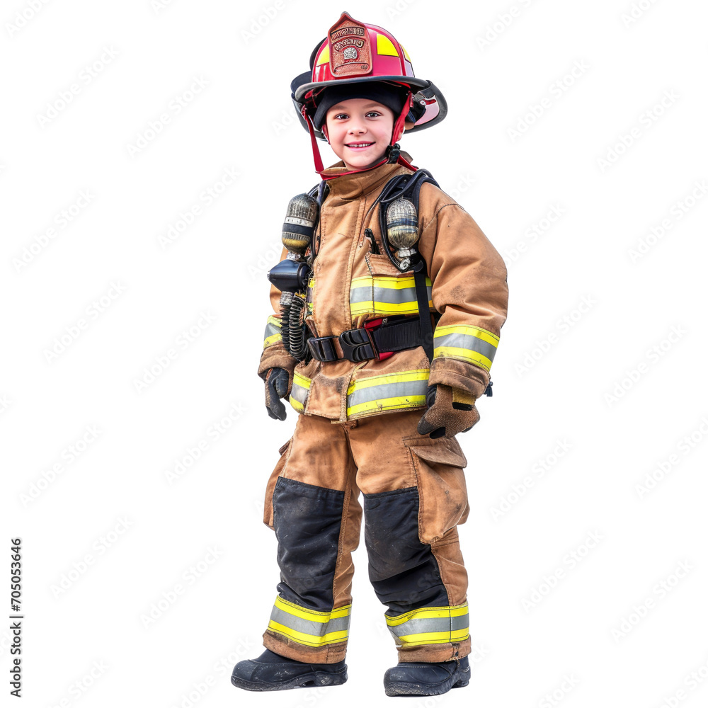 Firefighter ,kid  isolated on transparent png.
