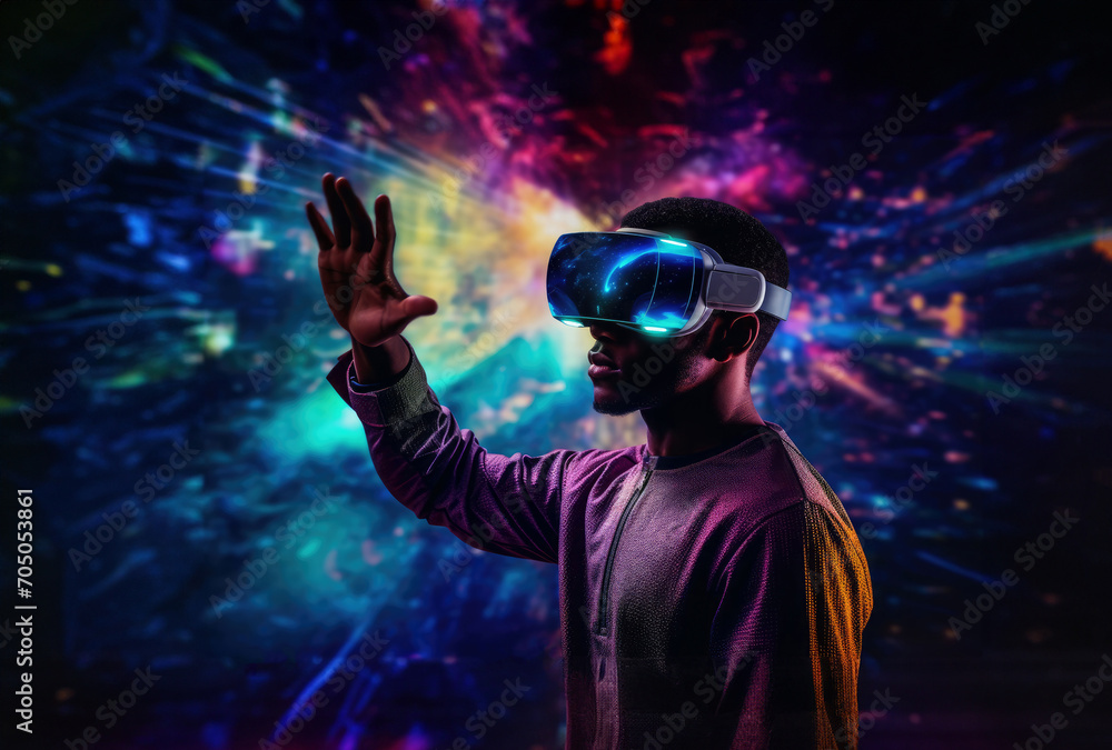 black man in vr headset exploring metaverse world, touching virtual reality subjects on space background. black man in vr headset exploring metaverse world, touching virtual reality subjects on space background.