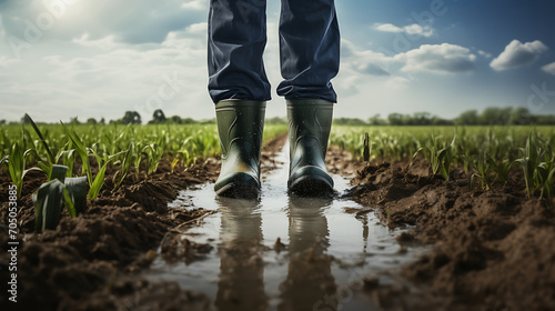 Farmer in wet field after rain in rubber boots and increasing crop success, farmer with a photo of half his body from stomach to feet