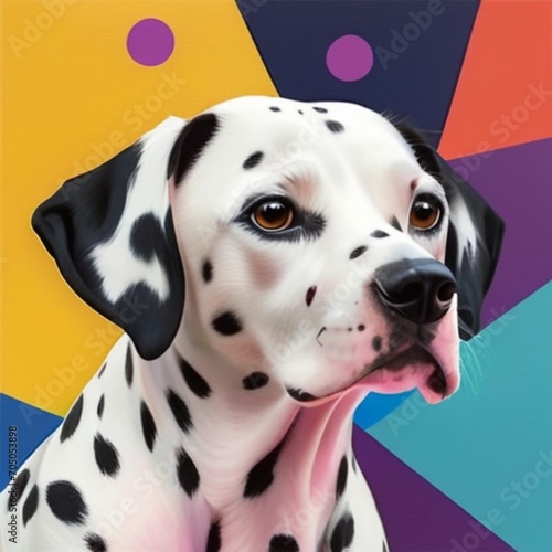 A realistic dog with a geometric and colorful background. AI image   © Sophia