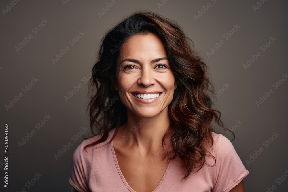 Portrait of a happy young woman looking at camera and smiling while standing against grey background Portrait of a happy young woman looking at camera and smiling while standing against grey background
