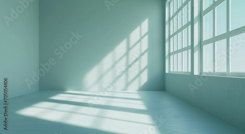Bright and airy empty room with sunlight casting shadows through large white windows, ideal for clean and open space concepts.