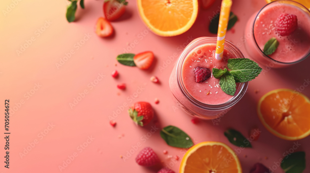 Fresh fruits and berries smoothie in a glass with free place for text. Healthy food concept background, banner Fresh fruits and berries smoothie in a glass with free place for text. Healthy food concept background, banner