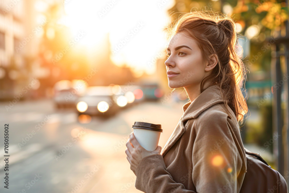 young business woman walking to work while drinking takeaway coffee. Business and success concept. young business woman walking to work while drinking takeaway coffee. Business and success concept.